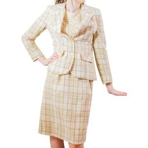Vintage Plaid Women's Skirt Suit Set Classic Pastel Yellow & Blue Jacket Skirt S